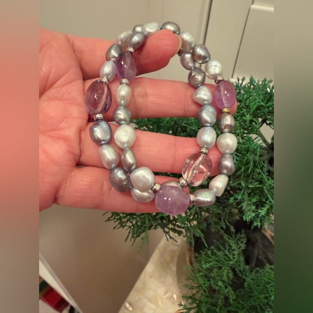 honora gray Pearls Amethyst beaded stretch Bracelet Set beautiful! new !
